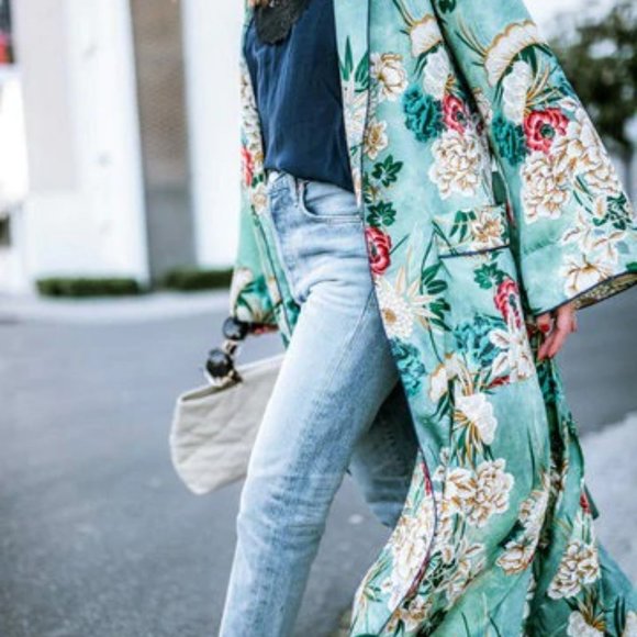 Floral Green Print Long Kimono Jacket Coat Women's - Picture 7 of 16